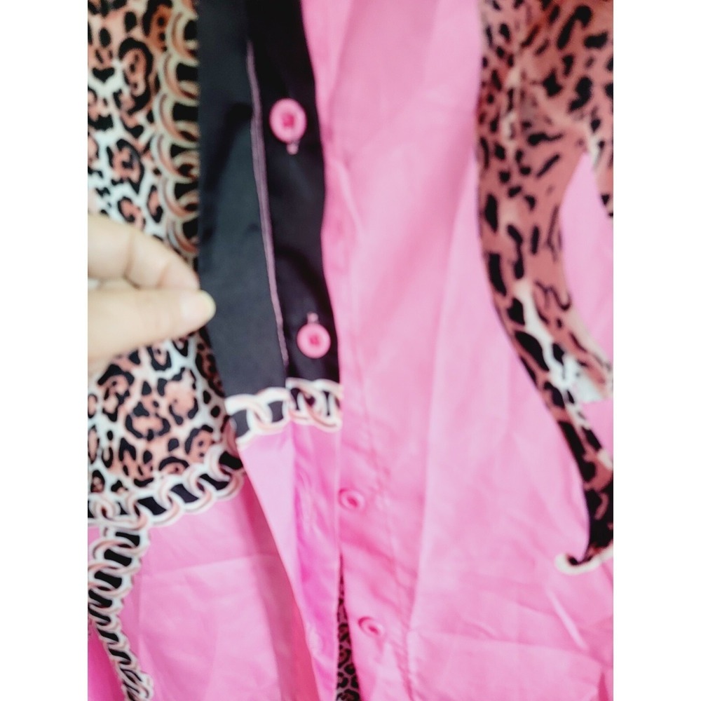 ChicMe L Pink Leopard Chain Print Long Sleeve Button Down Blouse Whimsical Cute - Picture 11 of 13
